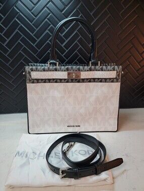 NWT Michael Kors Tatiana Large Belted Satchel – Elegant Black/White MK Logo